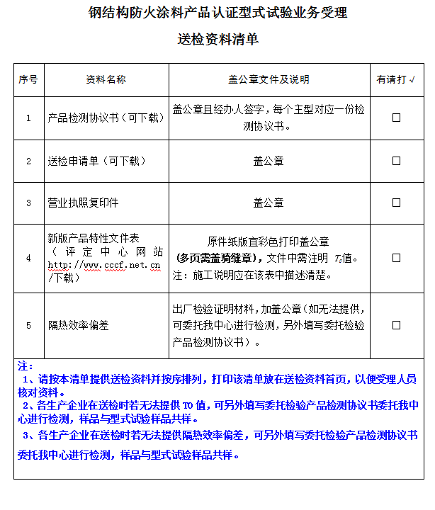 鋼結(jié)構(gòu)防火涂料產(chǎn)品認(rèn)證型式試驗(yàn)業(yè)務(wù)受理送檢資料清單（廣東所）