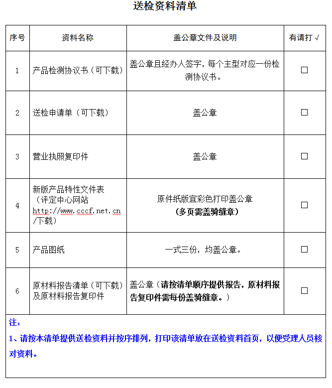 溝槽式管接件產(chǎn)品認(rèn)證型式試驗業(yè)務(wù)受理送檢資料清單（廣東所）