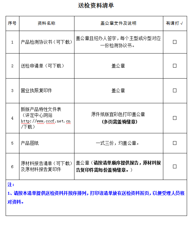 消防接口產(chǎn)品認(rèn)證型式試驗業(yè)務(wù)受理送檢資料清單（廣東所）