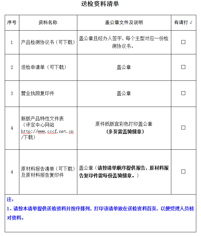 滑輪裝置產(chǎn)品認證型式試驗業(yè)務受理送檢資料清單（廣東所）