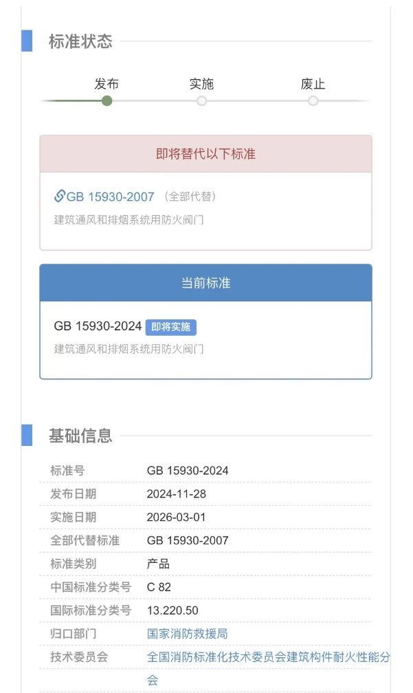 新標(biāo)準(zhǔn)GB 15930-2024《建筑通風(fēng)和排煙系統(tǒng)用防火閥門》將于2026年3月1日實(shí)施